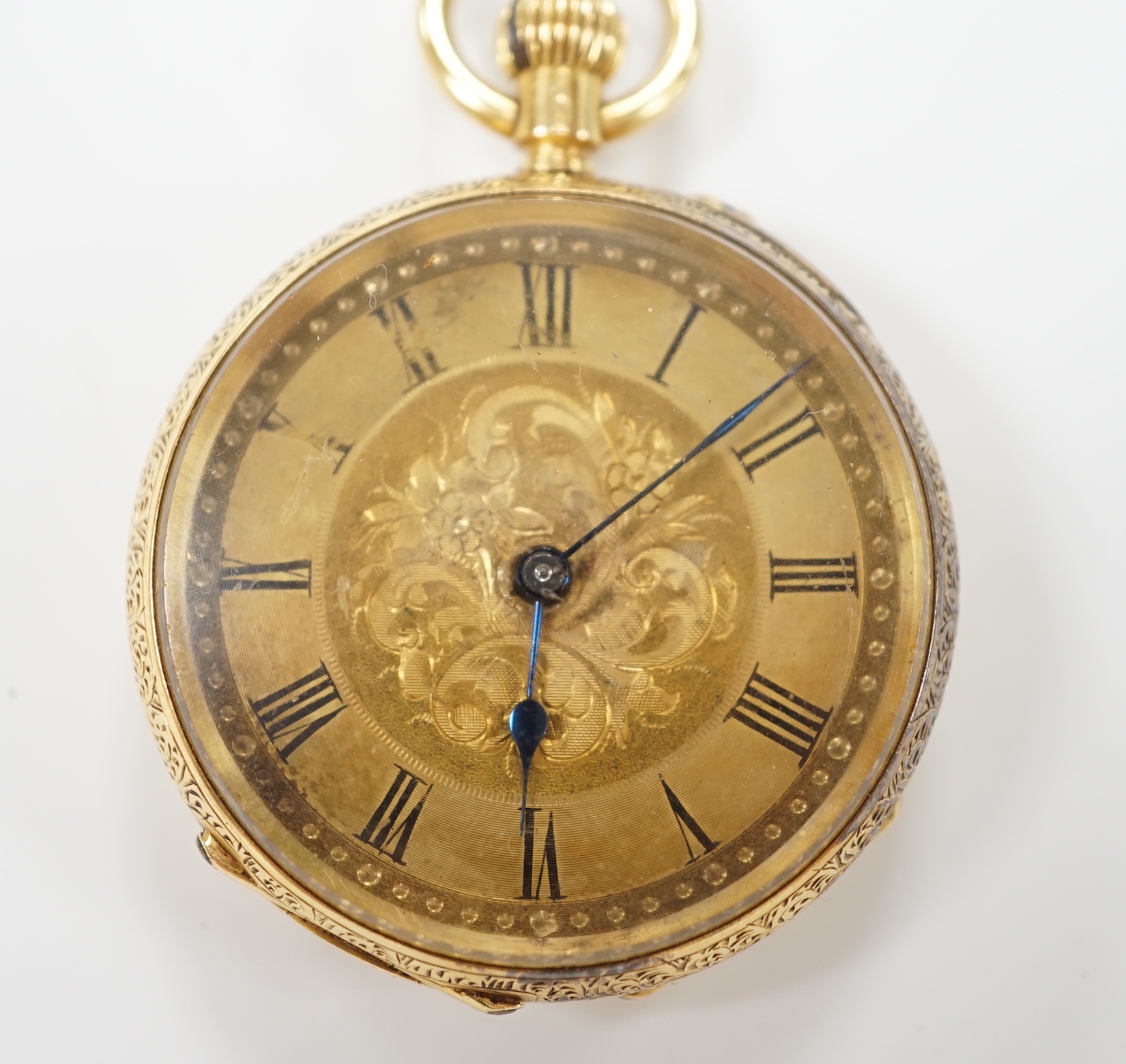 An early 20th century engraved 18k open face keyless fob watch